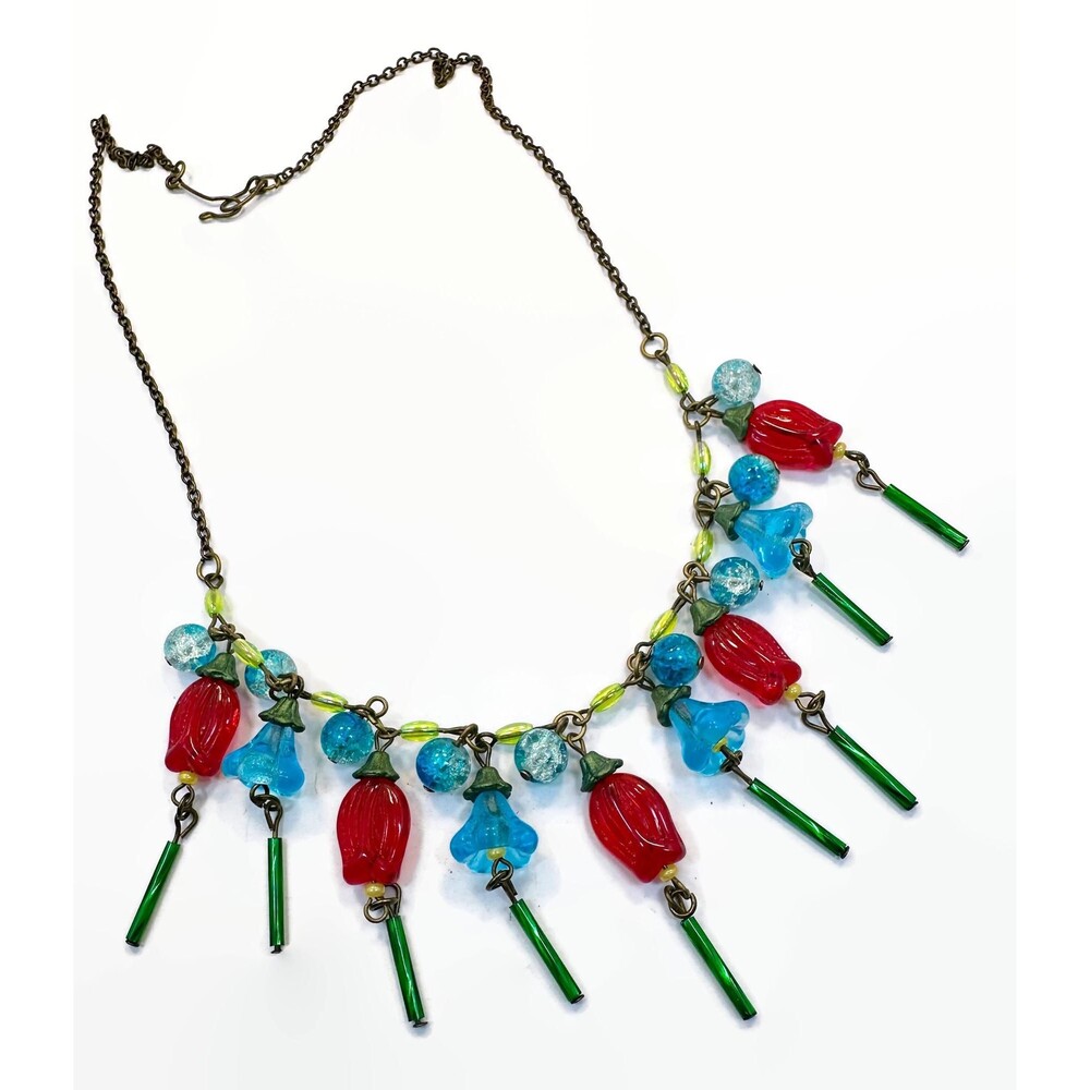 Vintage Necklace, Art Deco, Glass, Blue, Red, Green, Charms, Chain, 1930s